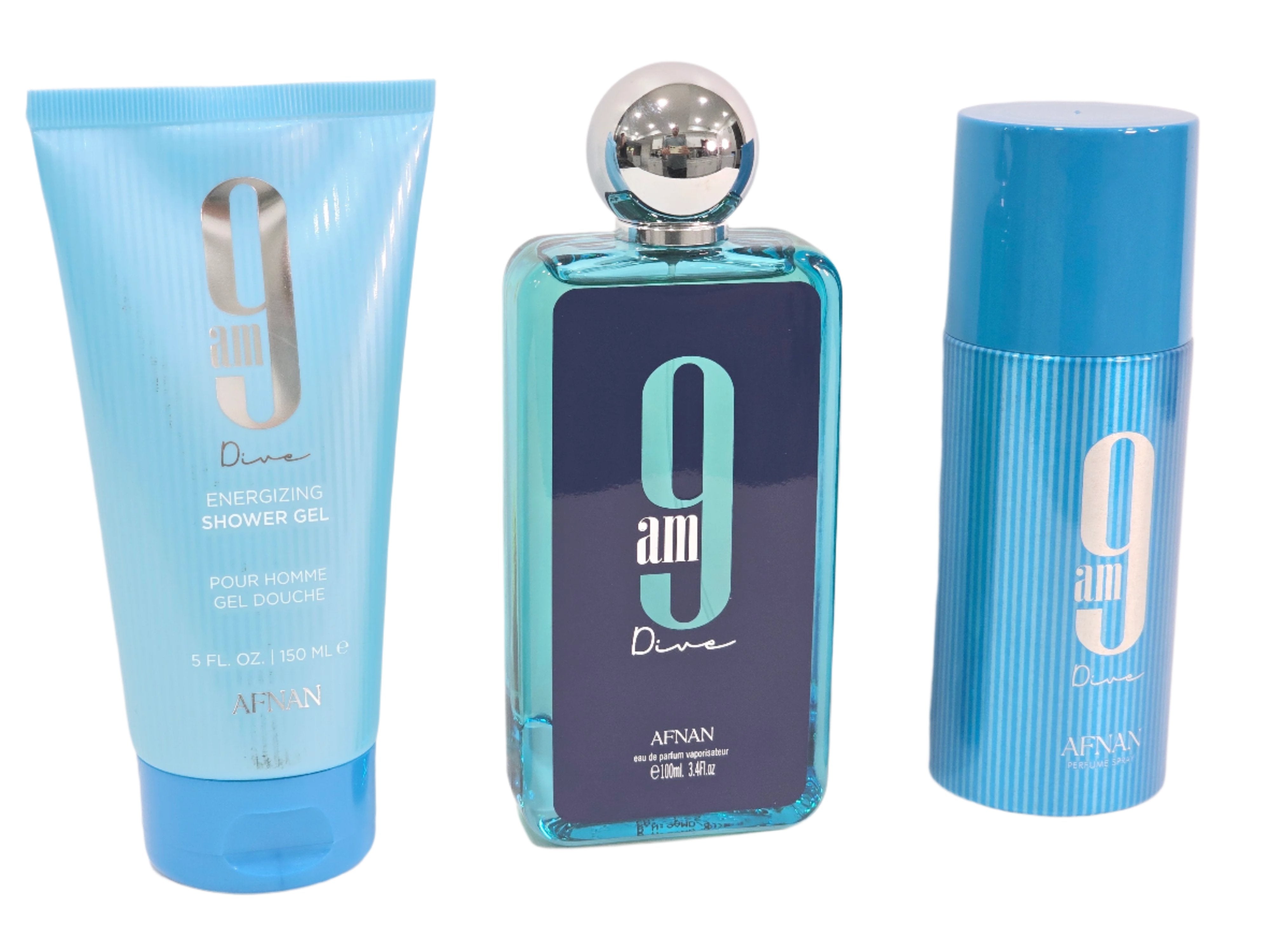 Set Afnan 9 Am Dive 100 Ml Edp Unisex 3 Pcs+150 Ml S/Gel+150 Ml Deo Spray